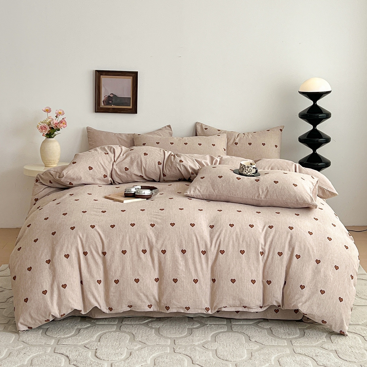 91家纺网 家纺一手货源 找家纺 弗苓家纺 2026春季新款高克重加厚色织提花四件套 爱心咖