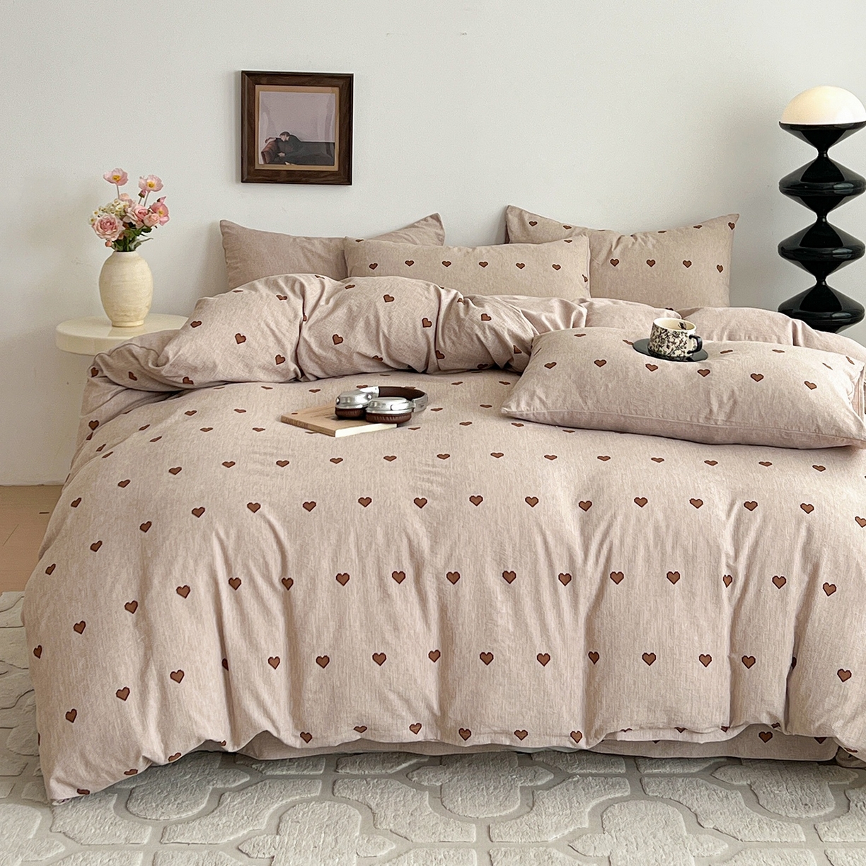 91家纺网 家纺一手货源 找家纺 弗苓家纺 2026春季新款高克重加厚色织提花四件套 爱心咖