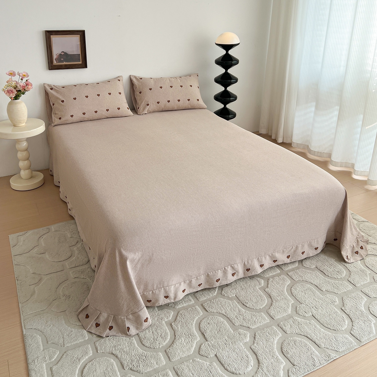 91家纺网 家纺一手货源 找家纺 弗苓家纺 2026春季新款高克重加厚色织提花四件套 爱心咖