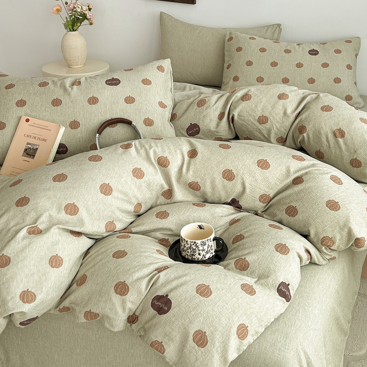 91家纺网 家纺一手货源 找家纺 弗苓家纺 2026春季新款高克重加厚色织提花四件套 复古南瓜