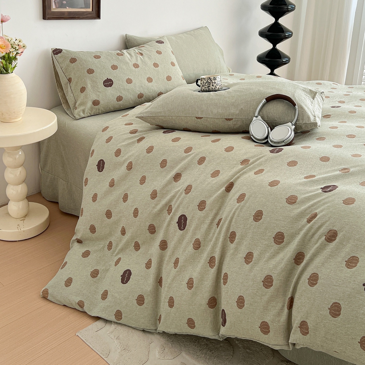 91家纺网 家纺一手货源 找家纺 弗苓家纺 2026春季新款高克重加厚色织提花四件套 复古南瓜