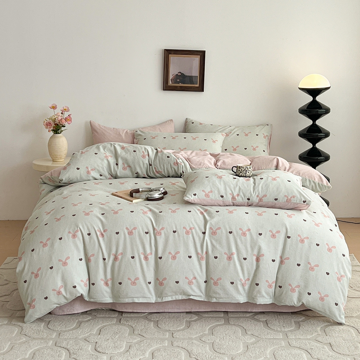 91家纺网 家纺一手货源 找家纺 弗苓家纺 2026春季新款高克重加厚色织提花四件套 红棕小兔