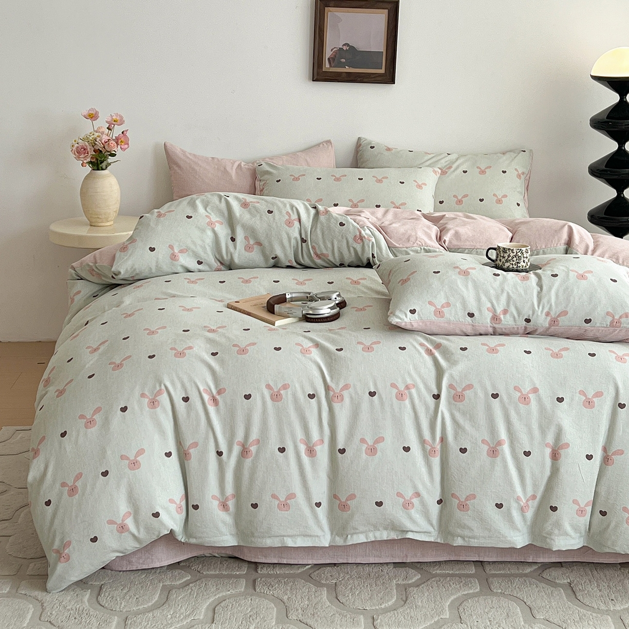 91家纺网 家纺一手货源 找家纺 弗苓家纺 2026春季新款高克重加厚色织提花四件套 红棕小兔