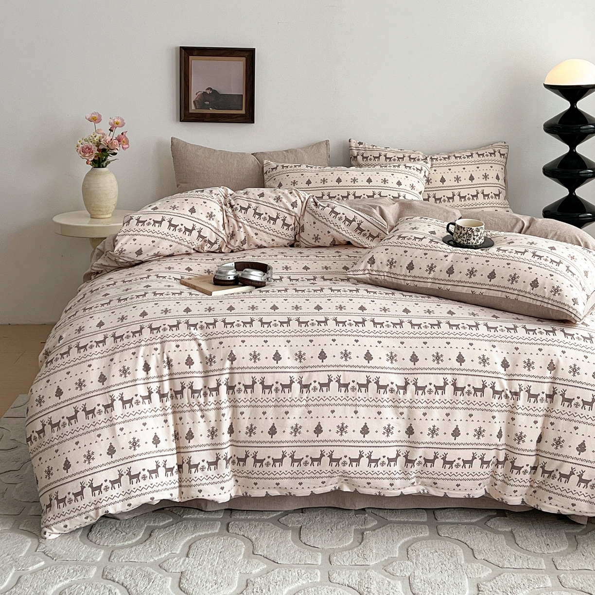 91家纺网 家纺一手货源 找家纺 弗苓家纺 2026春季新款高克重加厚色织提花四件套 麋鹿