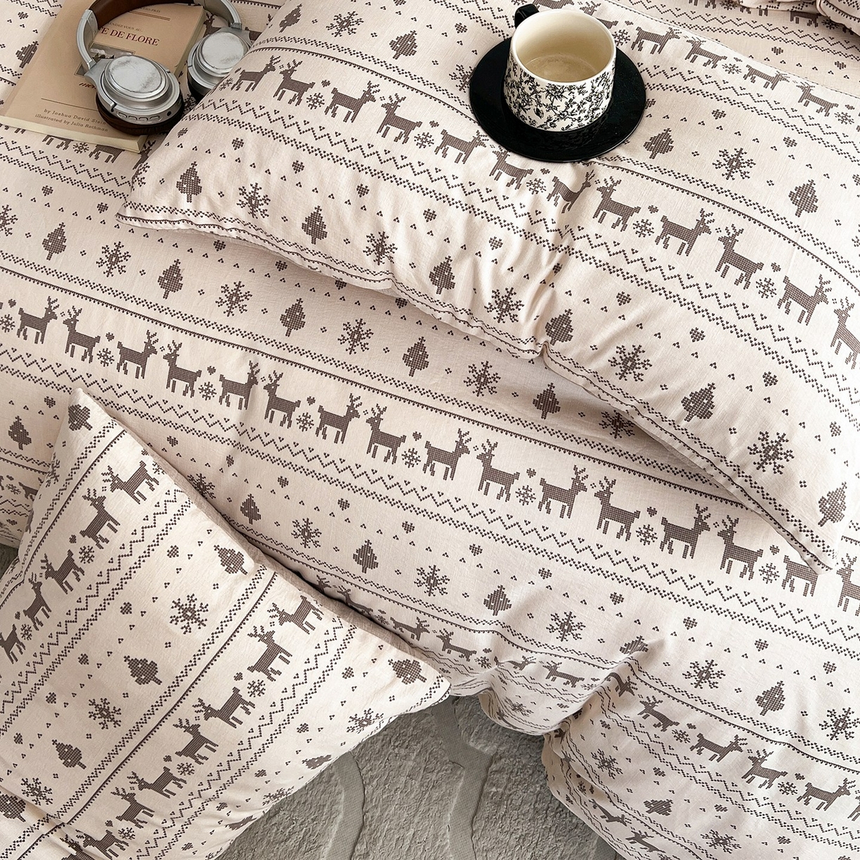 91家纺网 家纺一手货源 找家纺 弗苓家纺 2026春季新款高克重加厚色织提花四件套 麋鹿