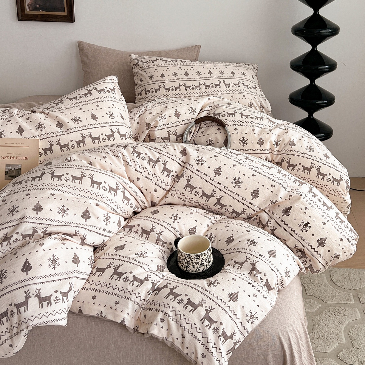 91家纺网 家纺一手货源 找家纺 弗苓家纺 2026春季新款高克重加厚色织提花四件套 麋鹿