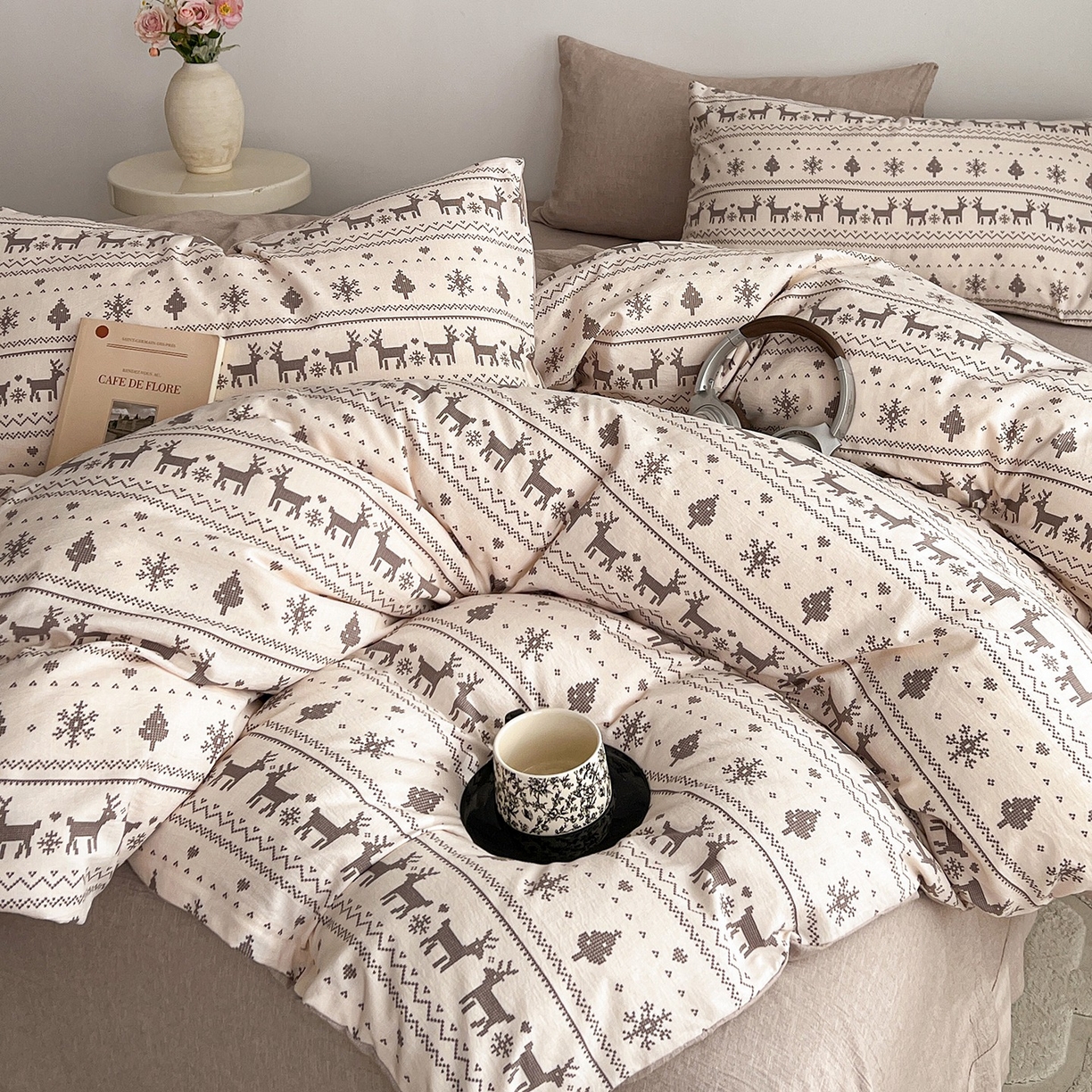 91家纺网 家纺一手货源 找家纺 弗苓家纺 2026春季新款高克重加厚色织提花四件套 麋鹿