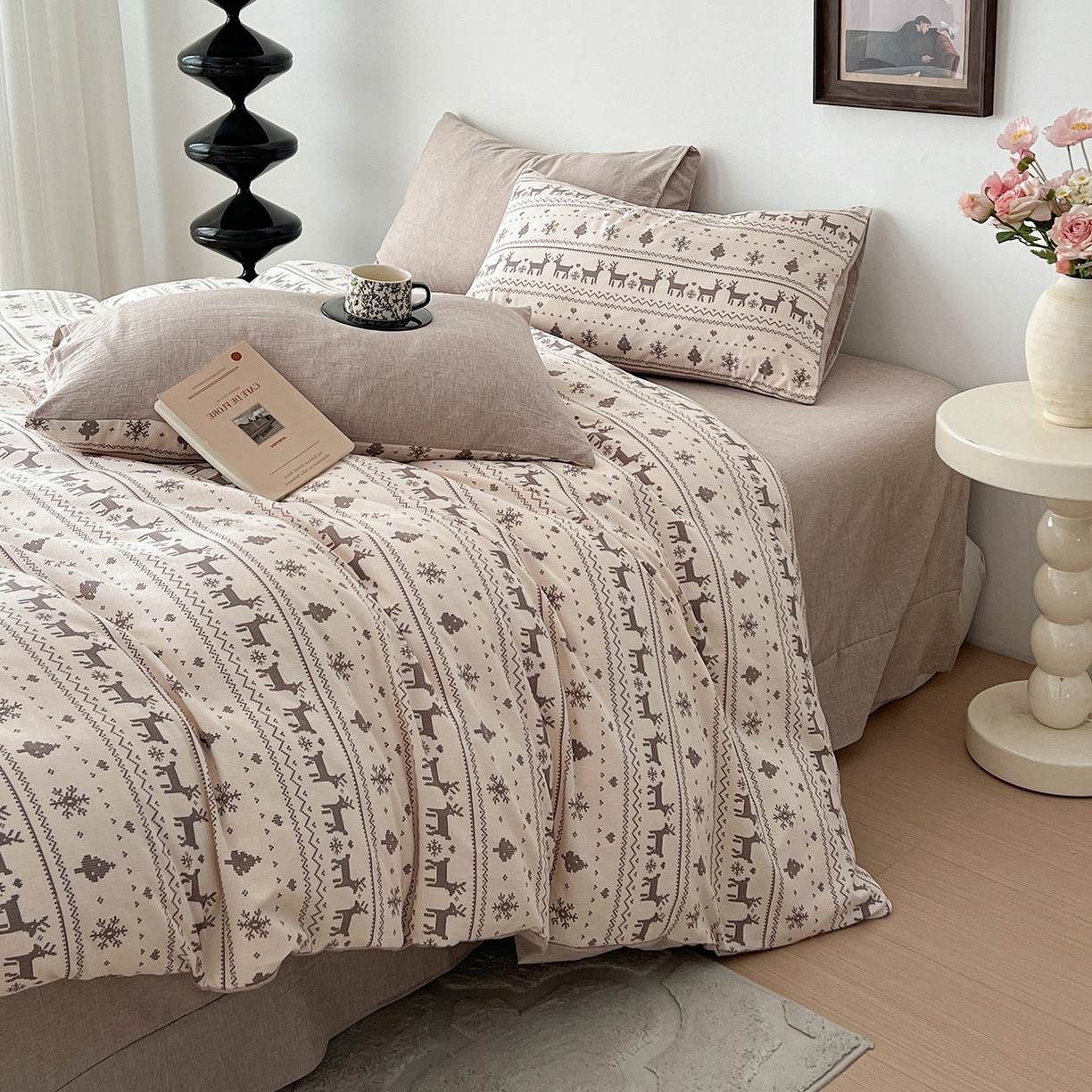 91家纺网 家纺一手货源 找家纺 弗苓家纺 2026春季新款高克重加厚色织提花四件套 麋鹿