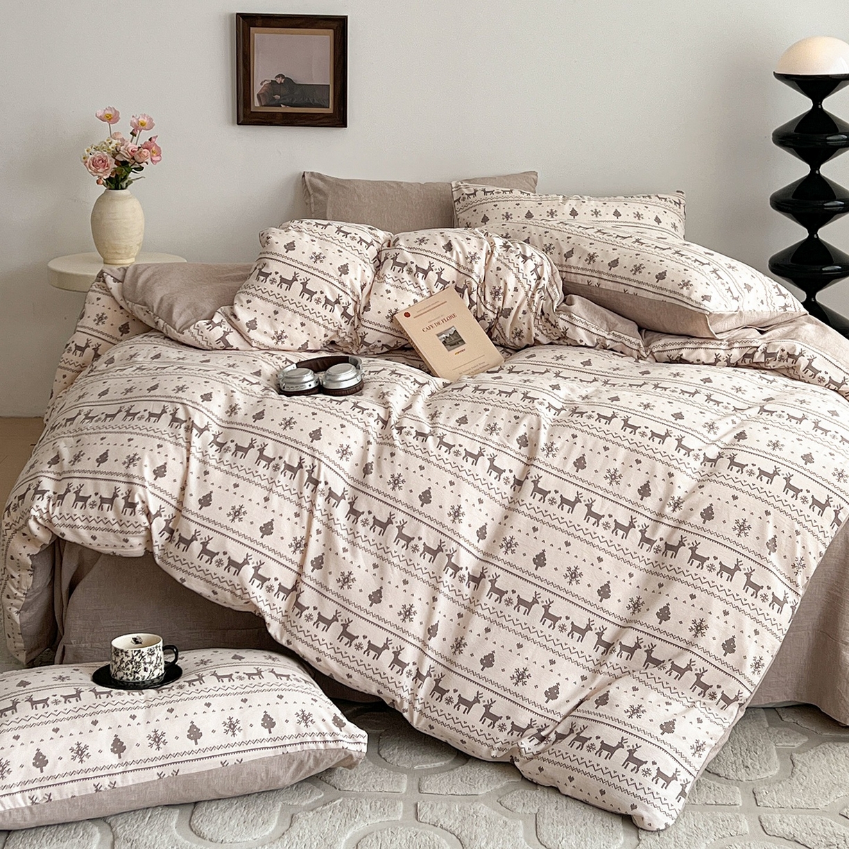 91家纺网 家纺一手货源 找家纺 弗苓家纺 2026春季新款高克重加厚色织提花四件套 麋鹿