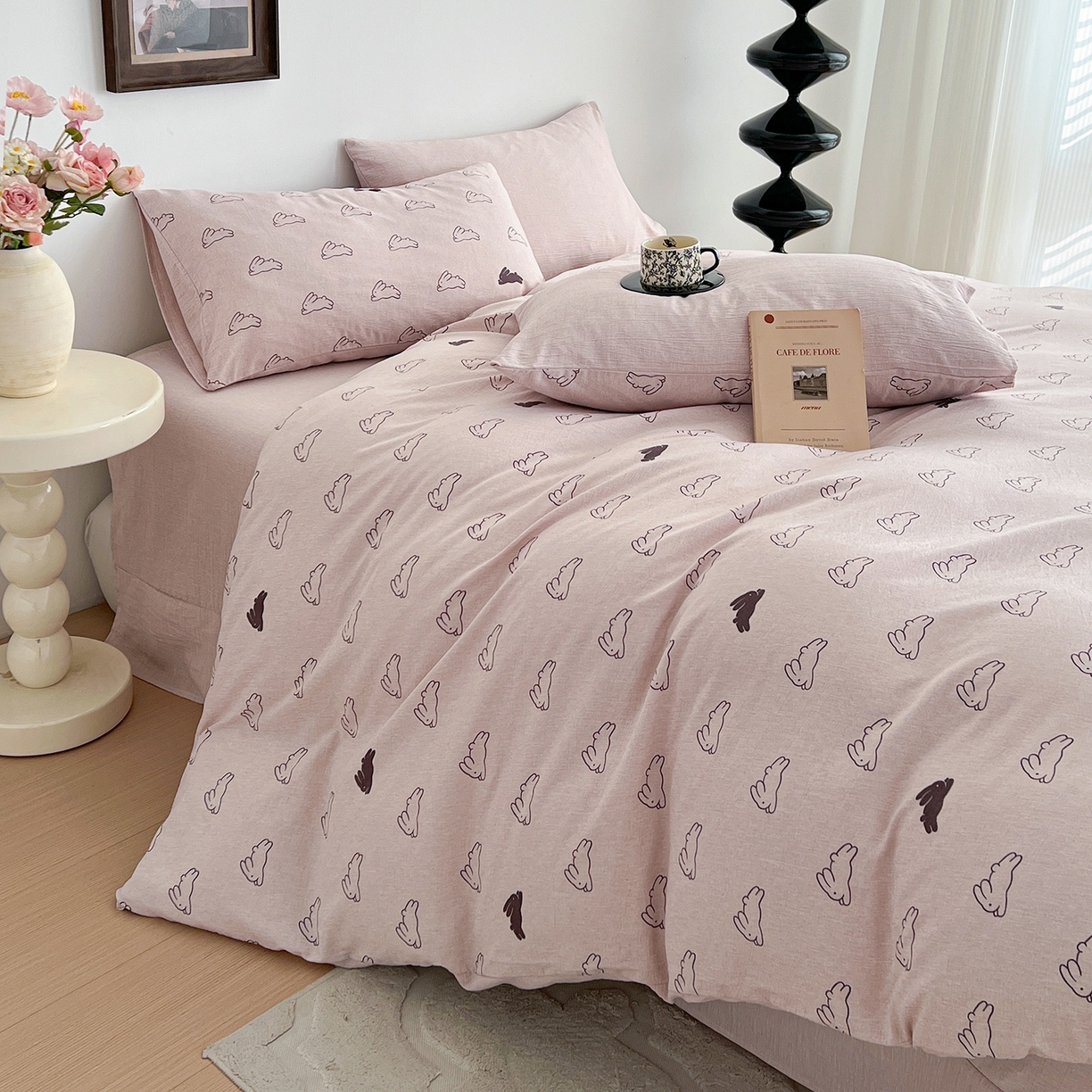 91家纺网 家纺一手货源 找家纺 弗苓家纺 2026春季新款高克重加厚色织提花四件套 米菲兔