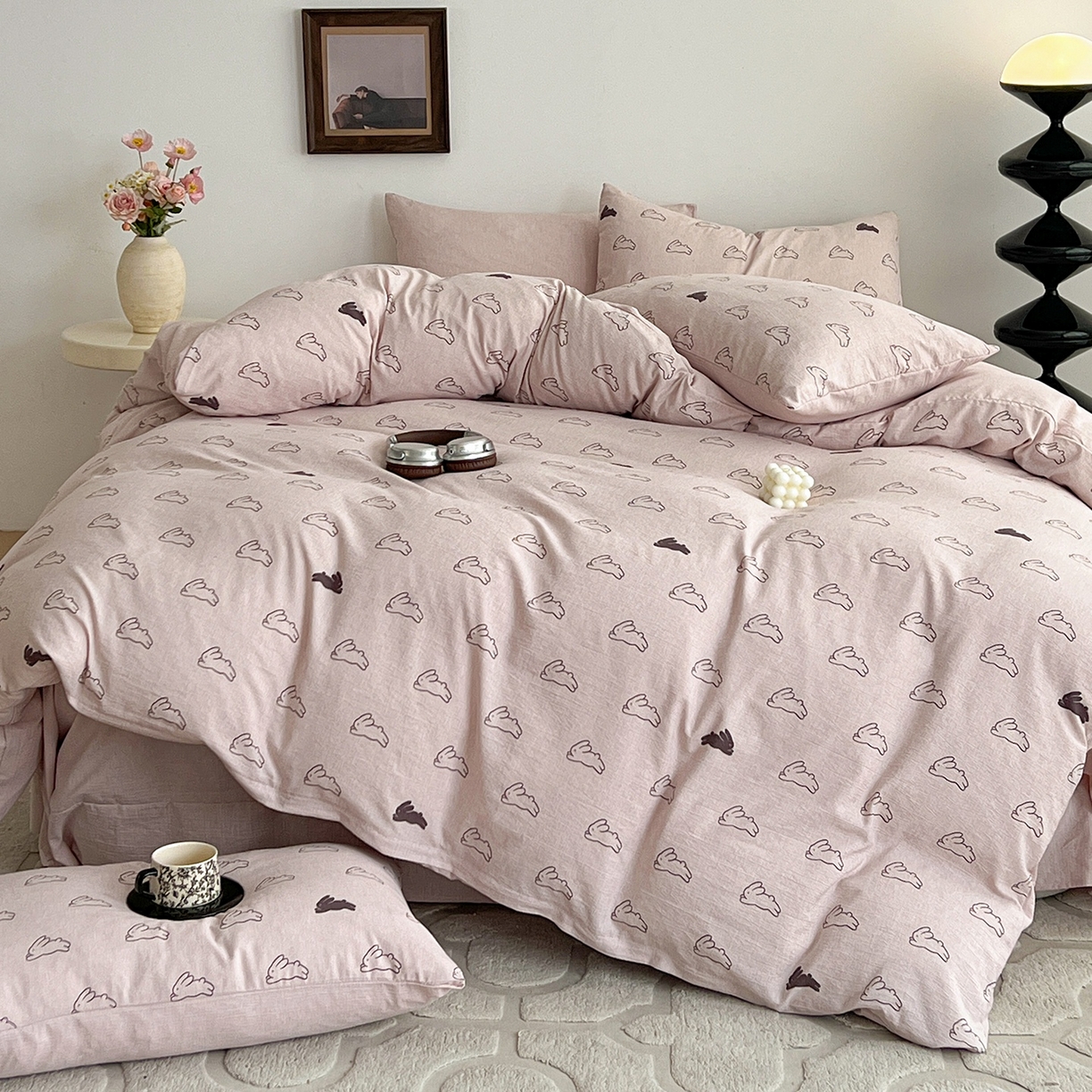 91家纺网 家纺一手货源 找家纺 弗苓家纺 2026春季新款高克重加厚色织提花四件套 米菲兔