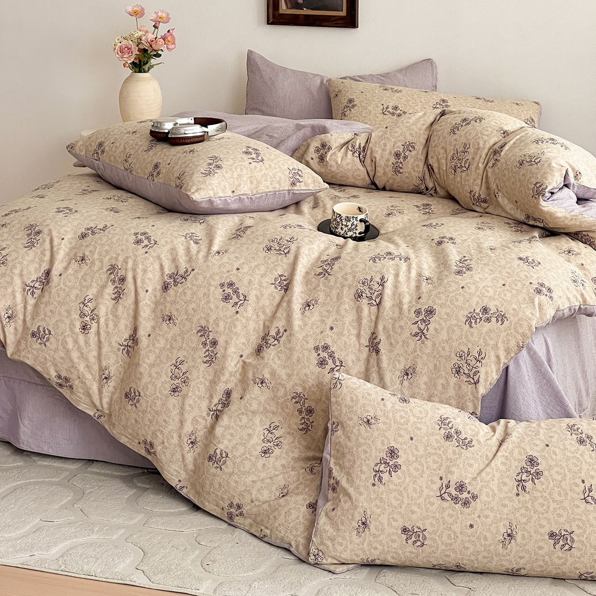 91家纺网 家纺一手货源 找家纺 弗苓家纺 2026春季新款高克重加厚色织提花四件套 蔷薇