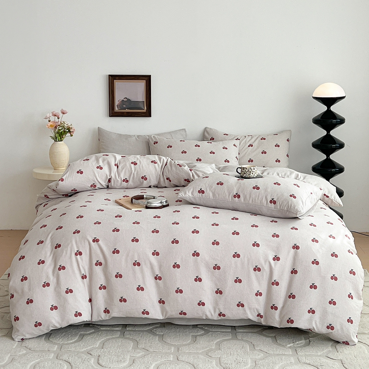 91家纺网 家纺一手货源 找家纺 弗苓家纺 2026春季新款高克重加厚色织提花四件套 樱桃布蕾