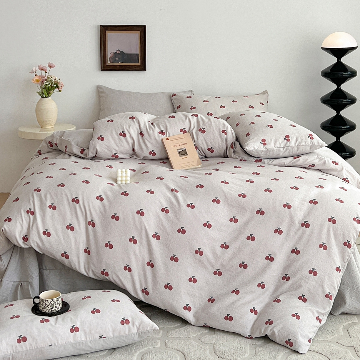 91家纺网 家纺一手货源 找家纺 弗苓家纺 2026春季新款高克重加厚色织提花四件套 樱桃布蕾