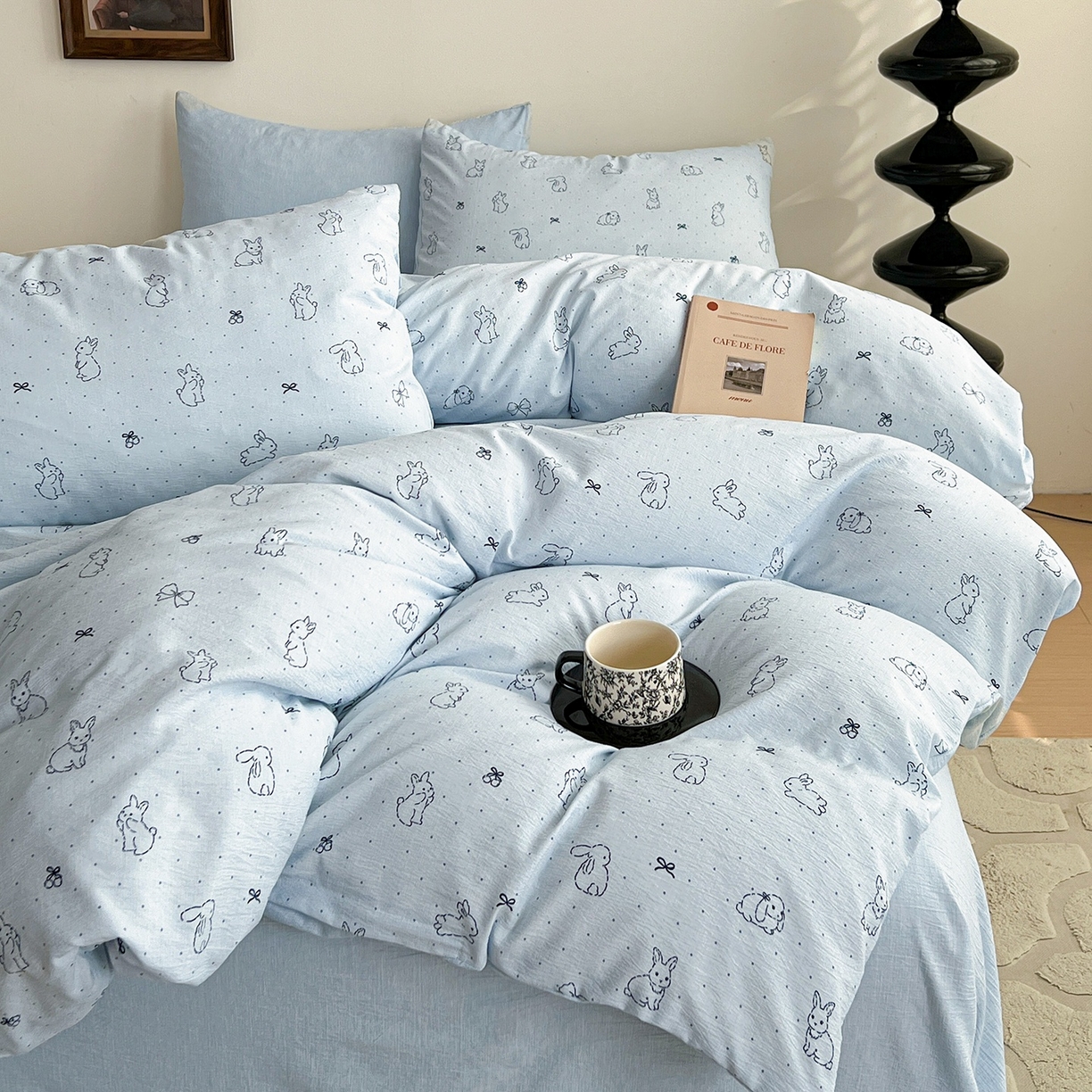 91家纺网 家纺一手货源 找家纺 弗苓家纺 2026春季新款高克重加厚色织提花四件套 月兔