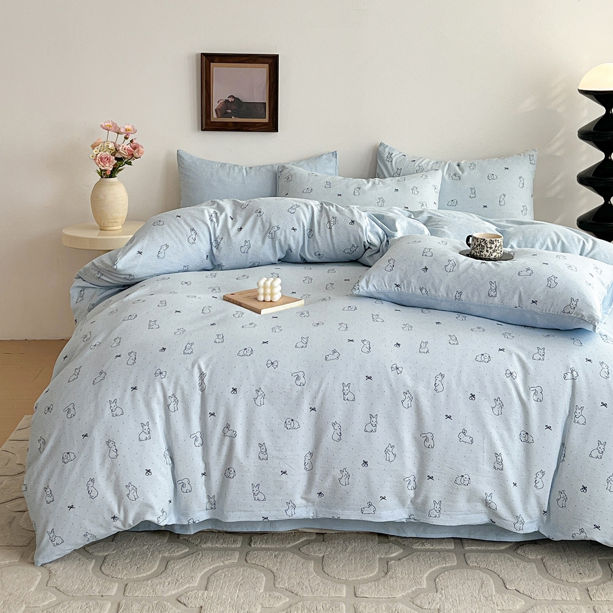 91家纺网 家纺一手货源 找家纺 弗苓家纺 2026春季新款高克重加厚色织提花四件套 月兔