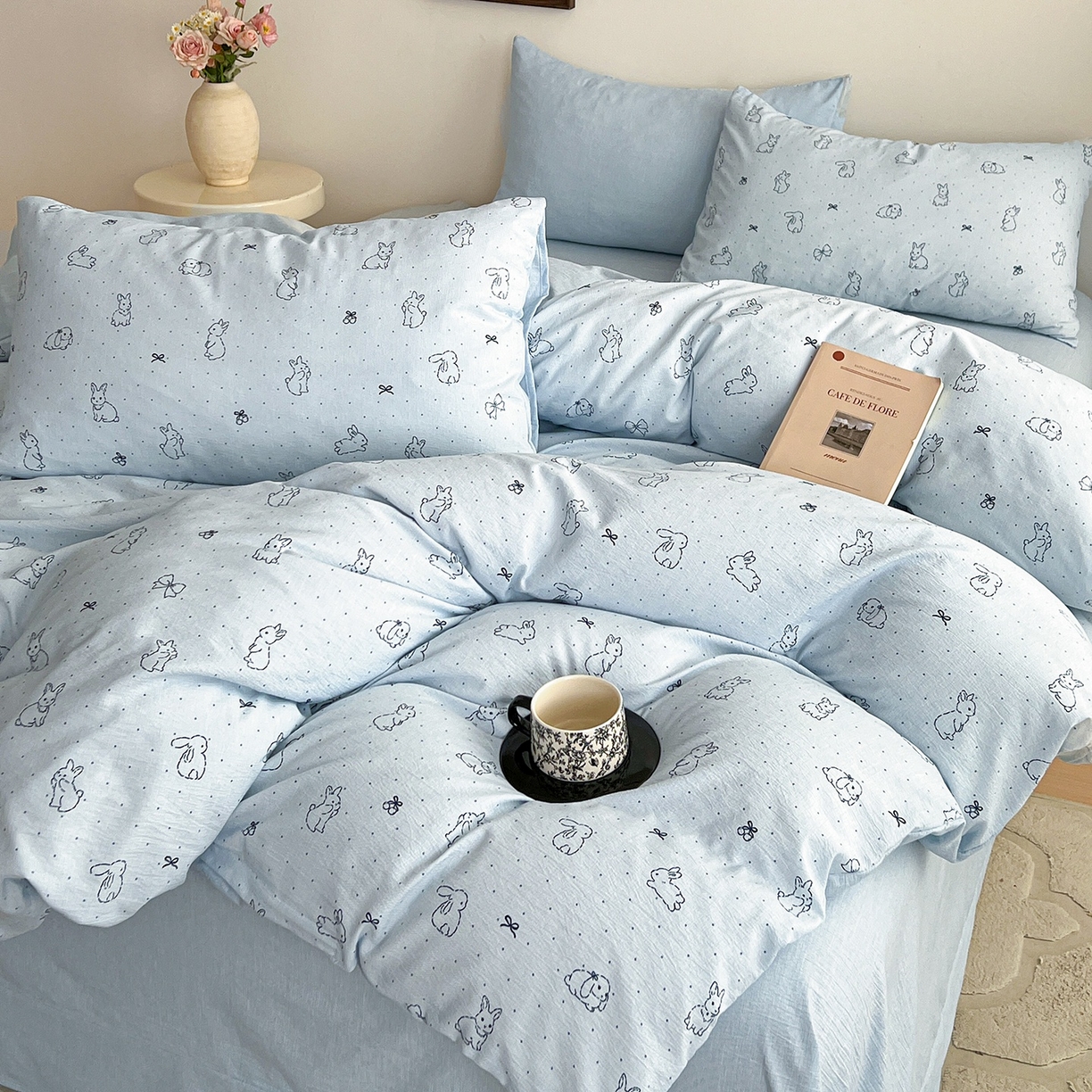 91家纺网 家纺一手货源 找家纺 弗苓家纺 2026春季新款高克重加厚色织提花四件套 月兔