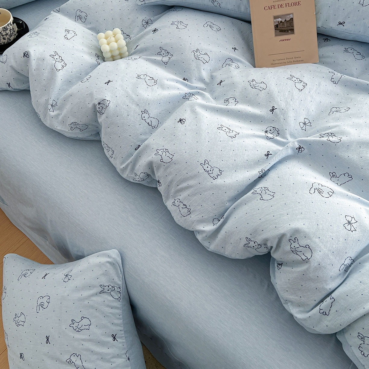 91家纺网 家纺一手货源 找家纺 弗苓家纺 2026春季新款高克重加厚色织提花四件套 月兔