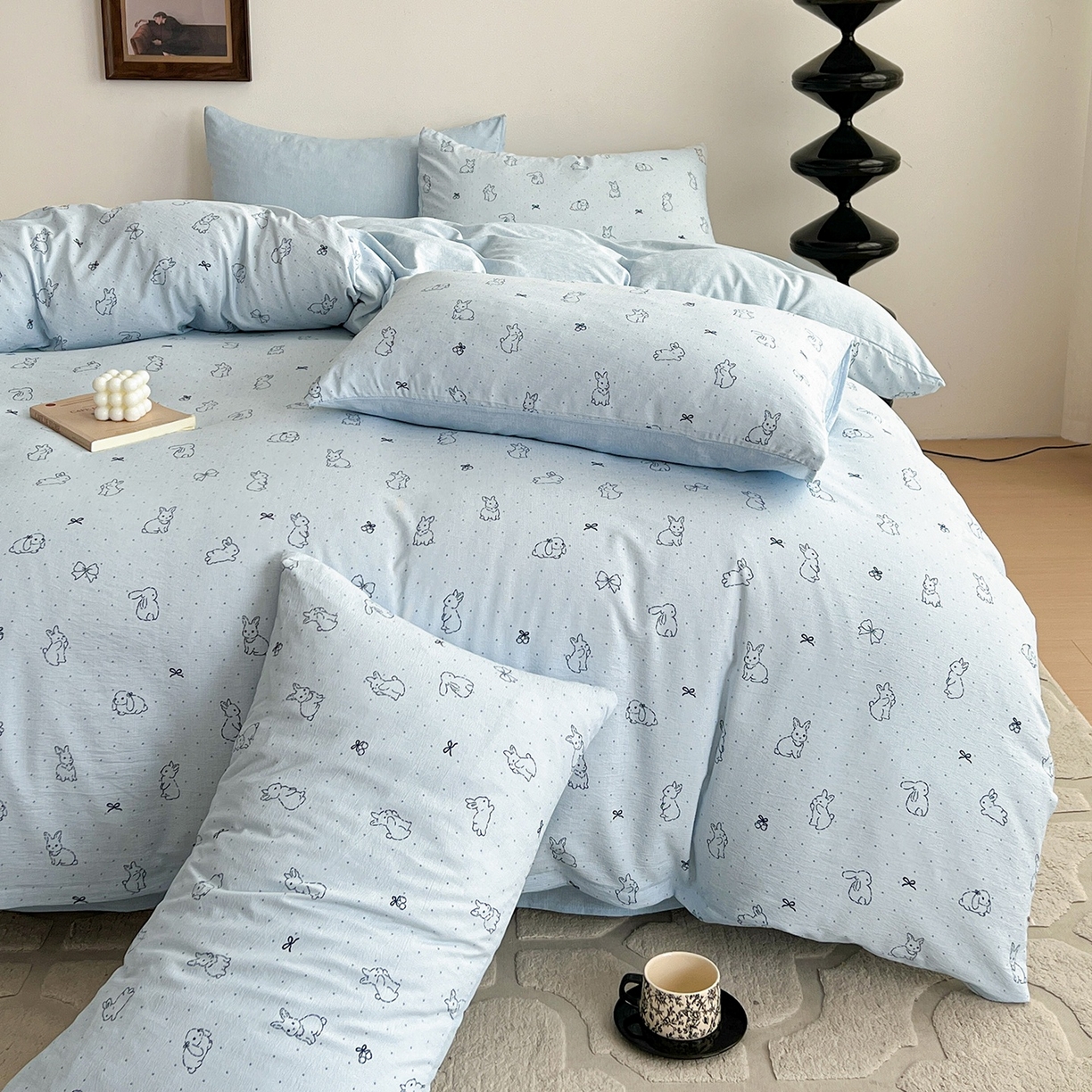 91家纺网 家纺一手货源 找家纺 弗苓家纺 2026春季新款高克重加厚色织提花四件套 月兔