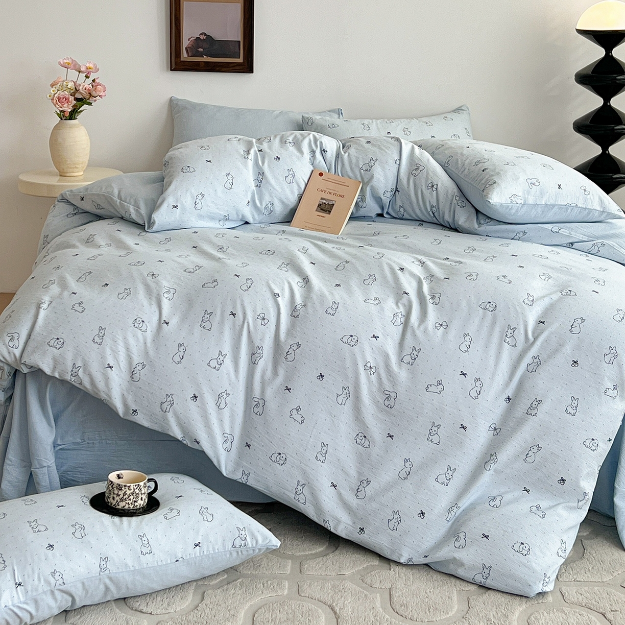 91家纺网 家纺一手货源 找家纺 弗苓家纺 2026春季新款高克重加厚色织提花四件套 月兔