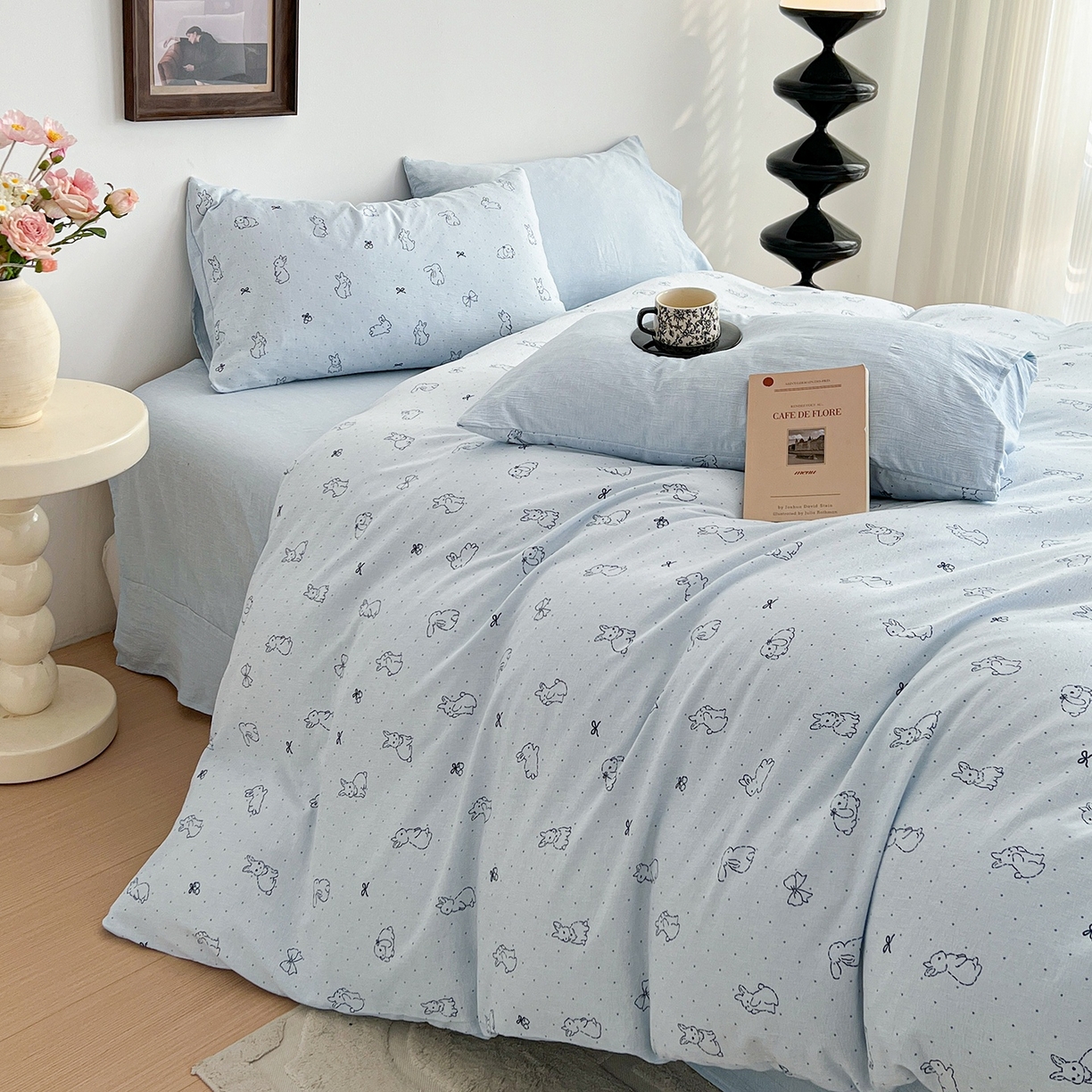 91家纺网 家纺一手货源 找家纺 弗苓家纺 2026春季新款高克重加厚色织提花四件套 月兔