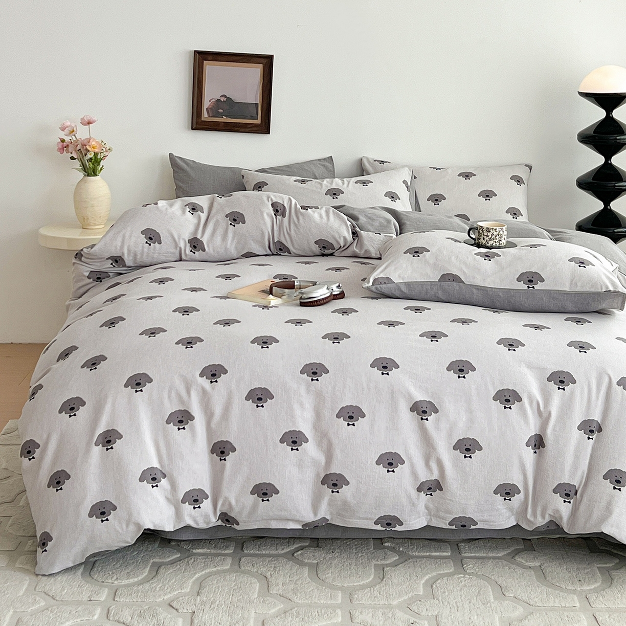 91家纺网 家纺一手货源 找家纺 弗苓家纺 2026春季新款高克重加厚色织提花四件套 云朵狗