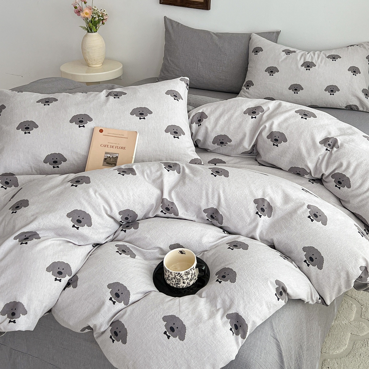 91家纺网 家纺一手货源 找家纺 弗苓家纺 2026春季新款高克重加厚色织提花四件套 云朵狗