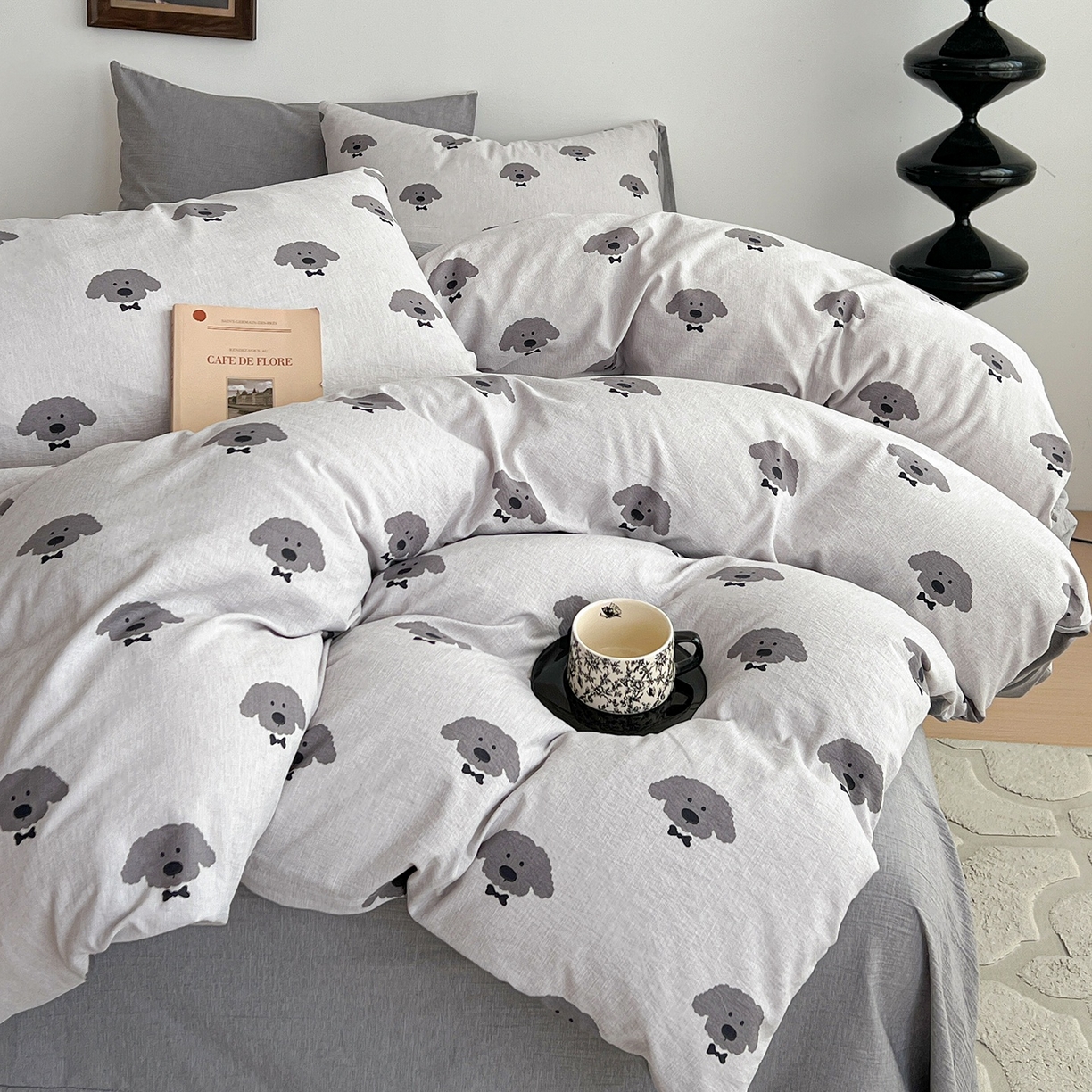 91家纺网 家纺一手货源 找家纺 弗苓家纺 2026春季新款高克重加厚色织提花四件套 云朵狗