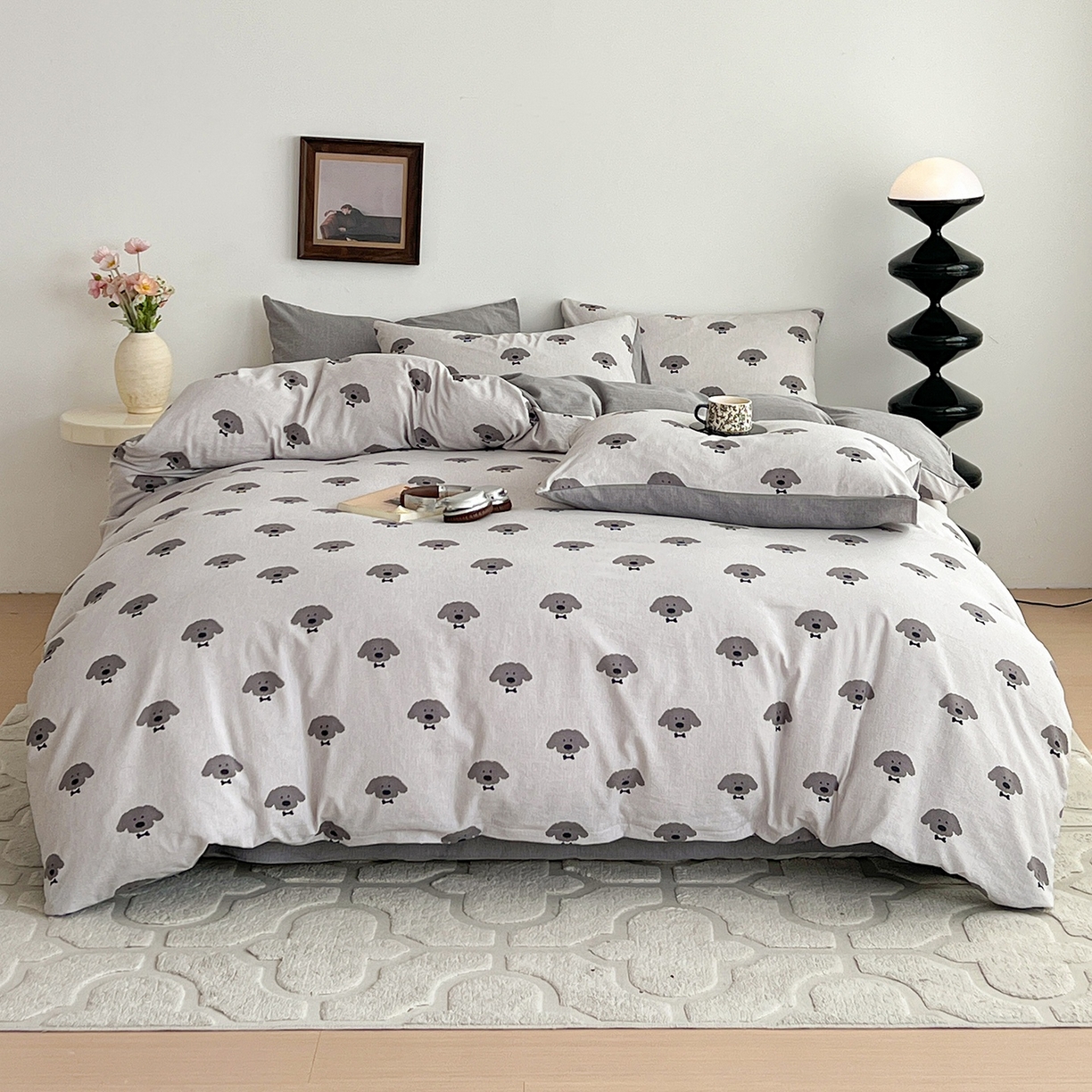 91家纺网 家纺一手货源 找家纺 弗苓家纺 2026春季新款高克重加厚色织提花四件套 云朵狗