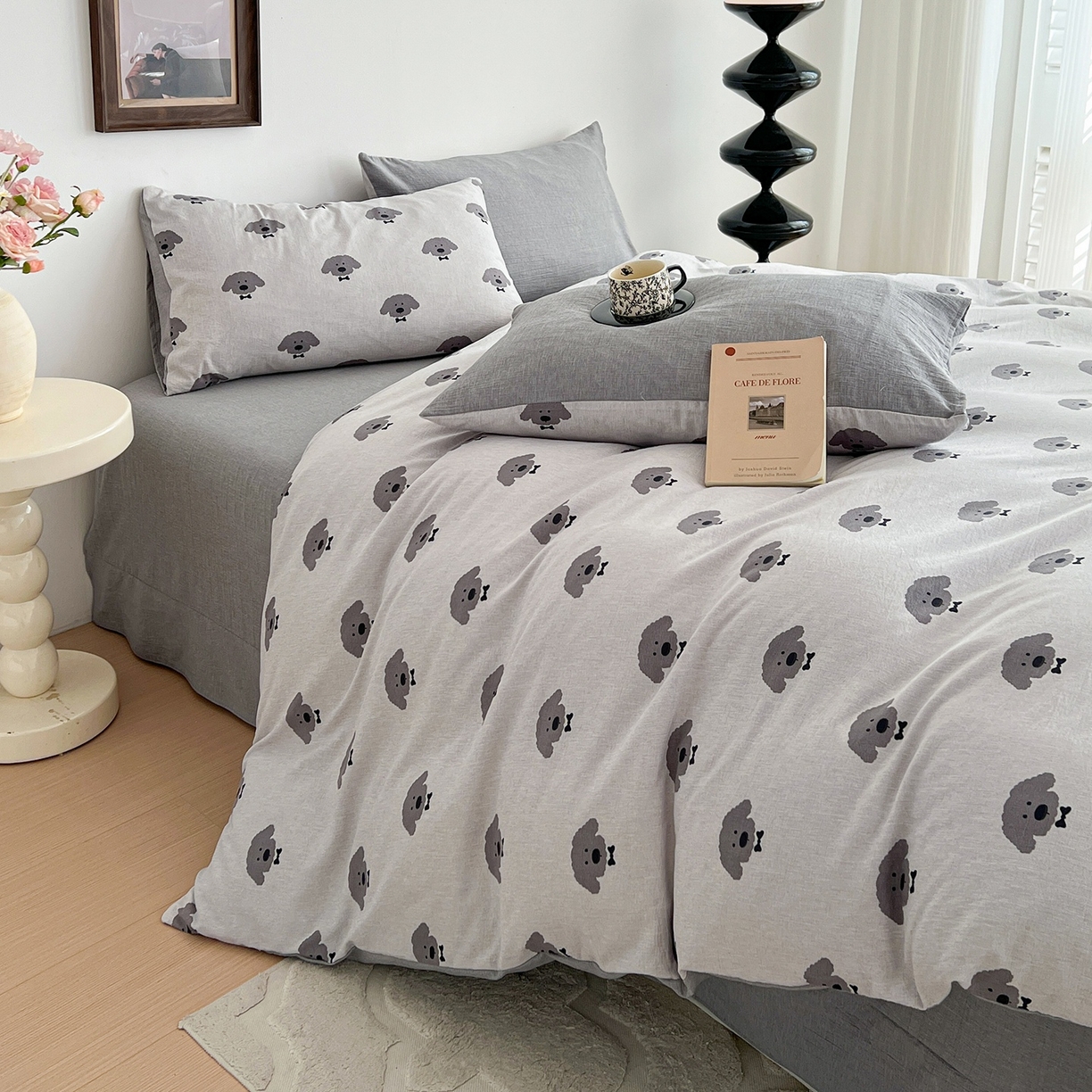 91家纺网 家纺一手货源 找家纺 弗苓家纺 2026春季新款高克重加厚色织提花四件套 云朵狗