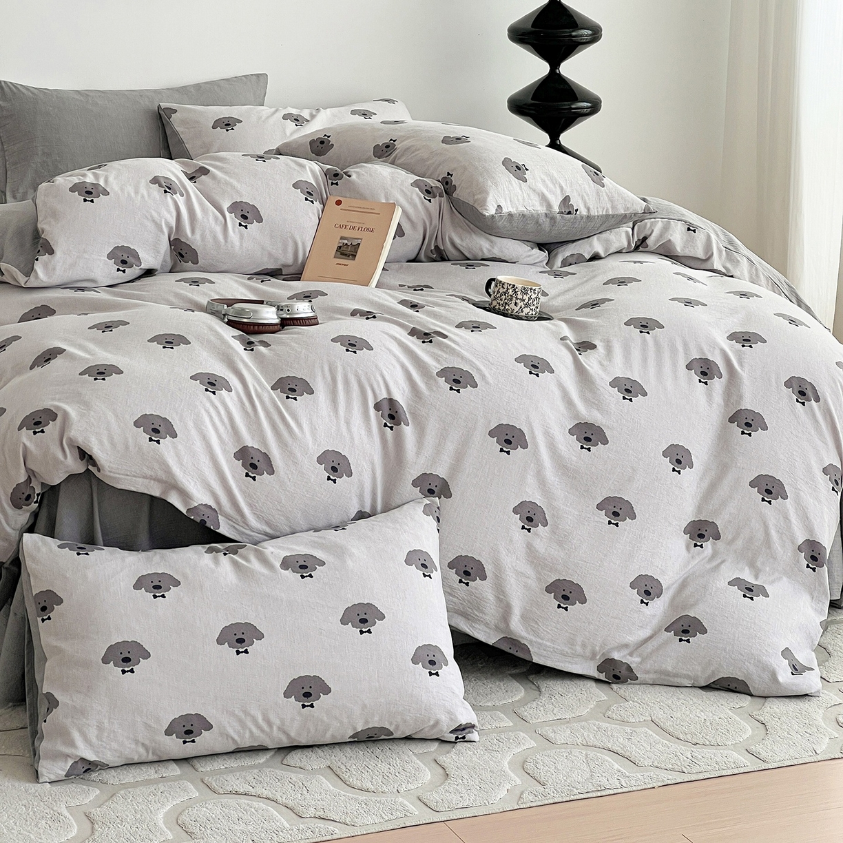 91家纺网 家纺一手货源 找家纺 弗苓家纺 2026春季新款高克重加厚色织提花四件套 云朵狗