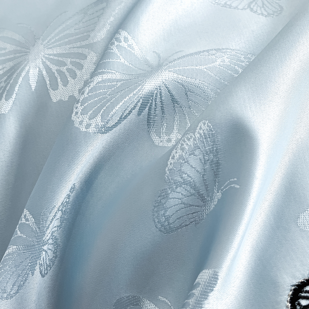 91家纺网 家纺一手货源 找家纺 宇航家纺 2026新款专版厚织亮丝提花水洗真丝四件套梦蝶系列 梦蝶天蓝