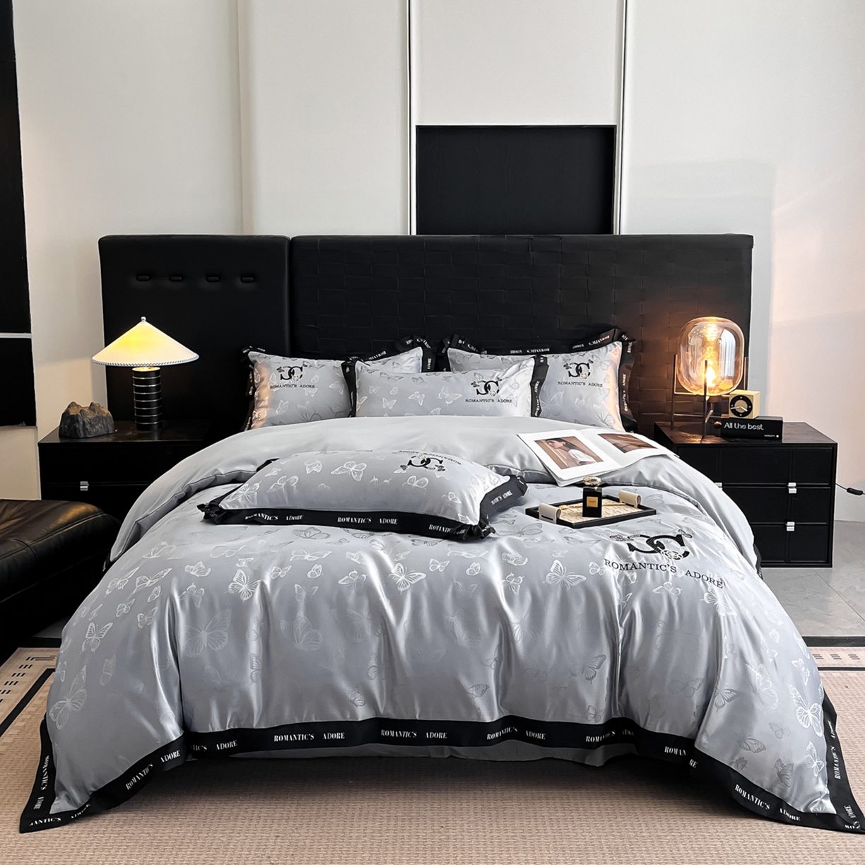 91家纺网 家纺一手货源 找家纺 宇航家纺 2026新款专版厚织亮丝提花水洗真丝四件套梦蝶系列 梦蝶银灰