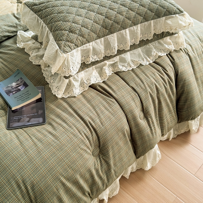 91家纺网 家纺一手货源 找家纺 橙子家居 2026新款全棉纯棉色织水洗棉棉花床盖四件套 安哥拉-绿