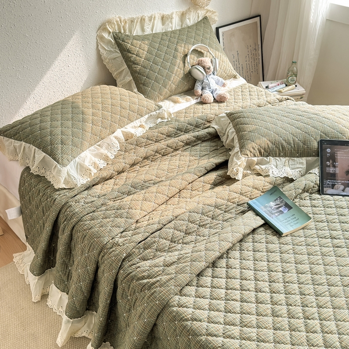 91家纺网 家纺一手货源 找家纺 橙子家居 2026新款全棉纯棉色织水洗棉棉花床盖四件套 安哥拉-绿