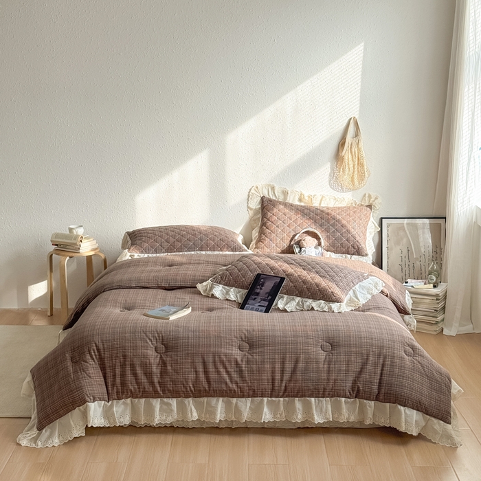 橙子家居 2026新款全棉纯棉色织水洗棉棉花床盖四件套 安哥拉-咖