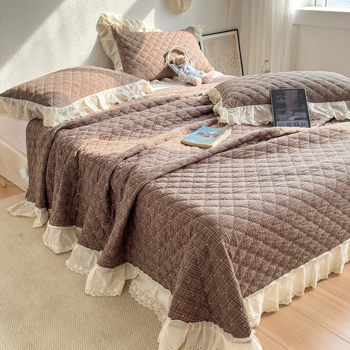 91家纺网 家纺一手货源 找家纺 橙子家居 2026新款全棉纯棉色织水洗棉棉花床盖四件套 安哥拉-咖