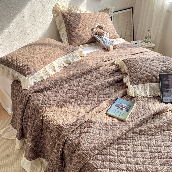 91家纺网 家纺一手货源 找家纺 橙子家居 2026新款全棉纯棉色织水洗棉棉花床盖四件套 安哥拉-咖
