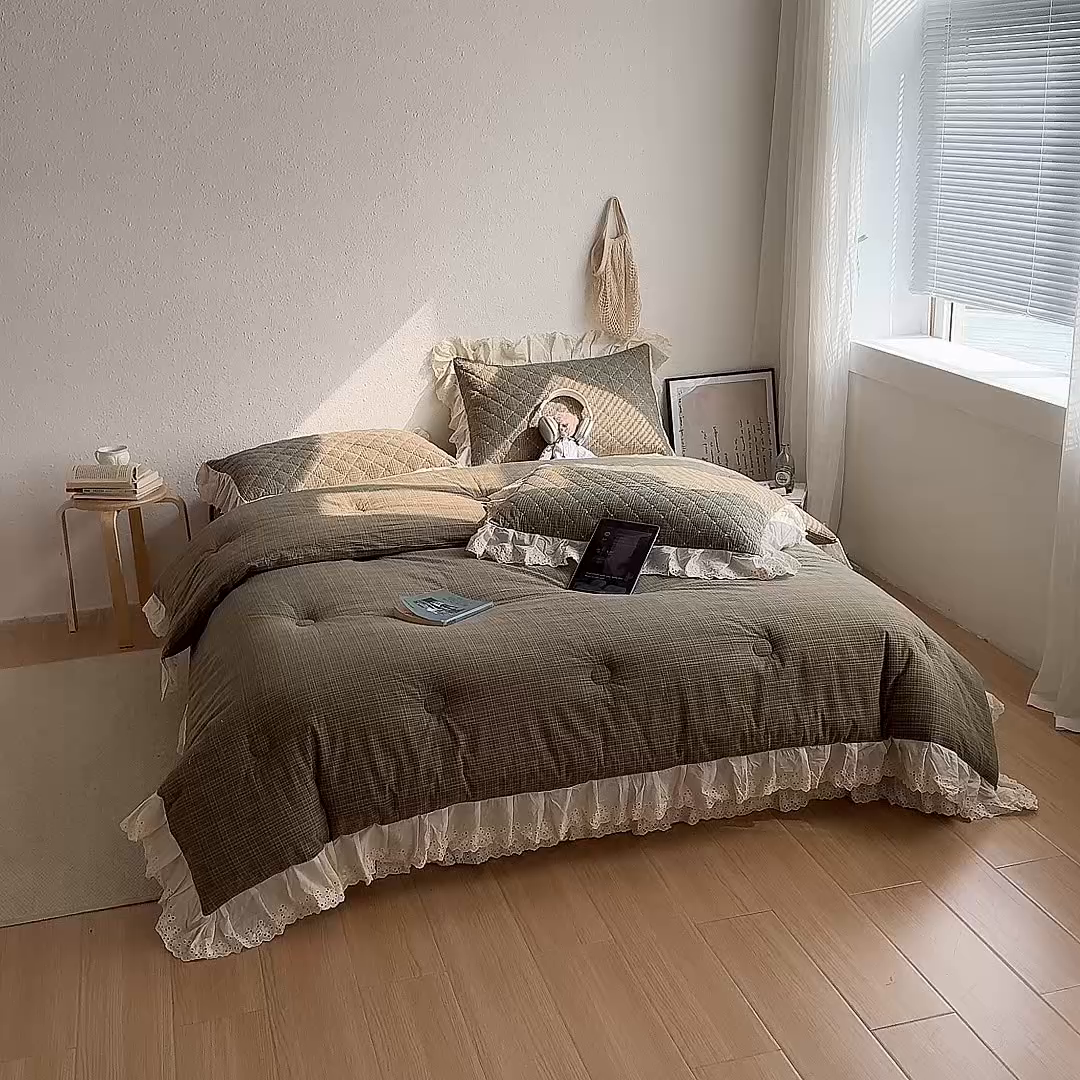 91家纺网 家纺一手货源 找家纺 橙子家居 2026新款全棉纯棉色织水洗棉棉花床盖四件套 安哥拉-绿