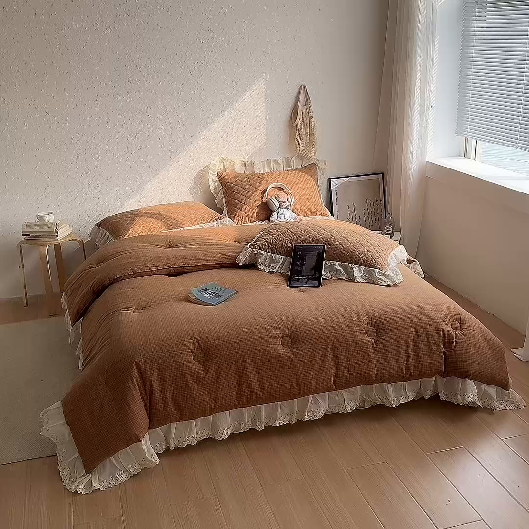 91家纺网 家纺一手货源 找家纺 橙子家居 2026新款全棉纯棉色织水洗棉棉花床盖四件套 安哥拉-桔