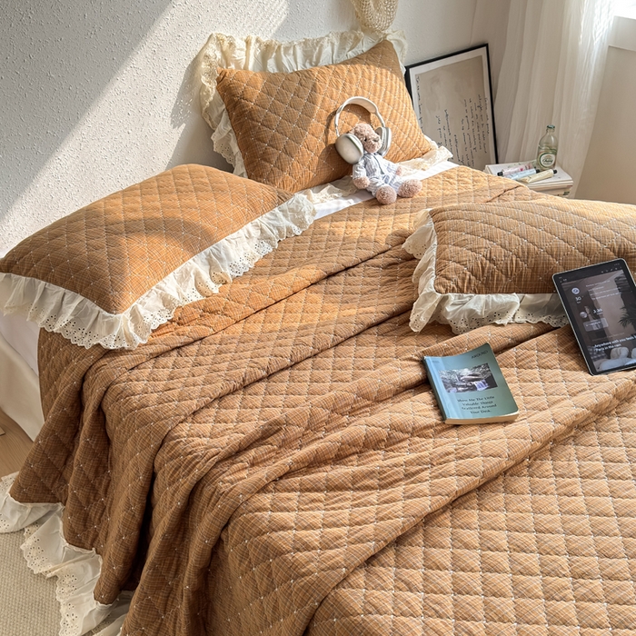 91家纺网 家纺一手货源 找家纺 橙子家居 2026新款全棉纯棉色织水洗棉棉花床盖四件套 安哥拉-桔