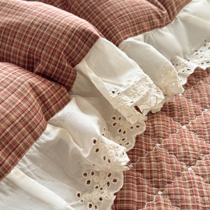 91家纺网 家纺一手货源 找家纺 橙子家居 2026新款全棉纯棉色织水洗棉棉花床盖四件套 安哥拉-红