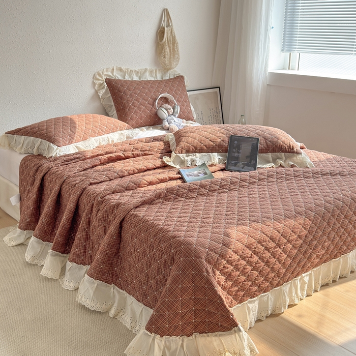 91家纺网 家纺一手货源 找家纺 橙子家居 2026新款全棉纯棉色织水洗棉棉花床盖四件套 安哥拉-红