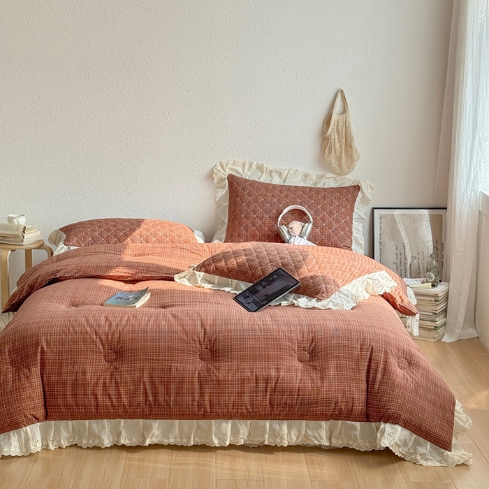 91家纺网 家纺一手货源 找家纺 橙子家居 2026新款全棉纯棉色织水洗棉棉花床盖四件套 安哥拉-红