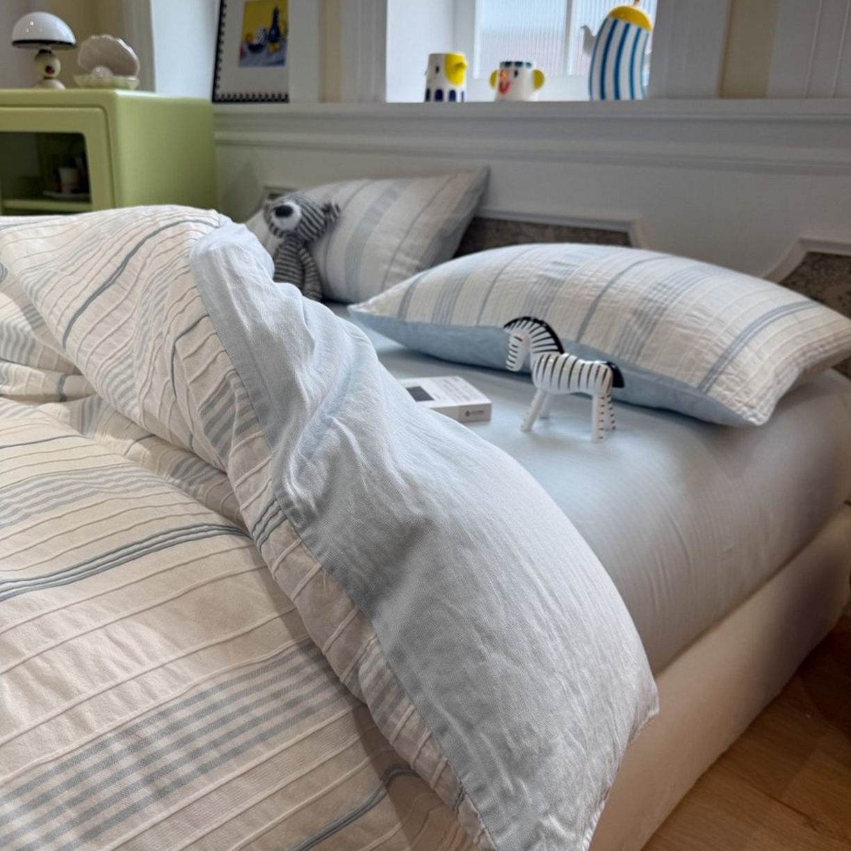 91家纺网 家纺一手货源 找家纺 仰望棉麻双层纱供应链 2026新款全棉色织提花四件套-太妃糖-蓝