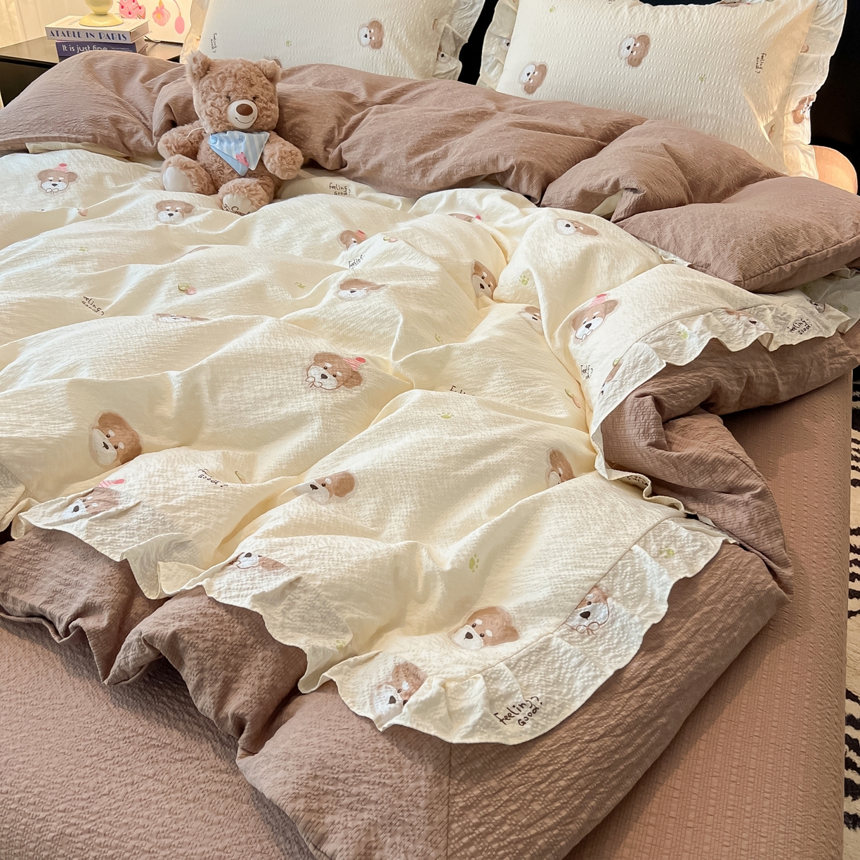 91家纺网 家纺一手货源 找家纺 子钦家纺 2026春夏新款提花泡芙棉花边拼角工艺床单床笠四件套-卡哇伊 卡哇伊-生日狗