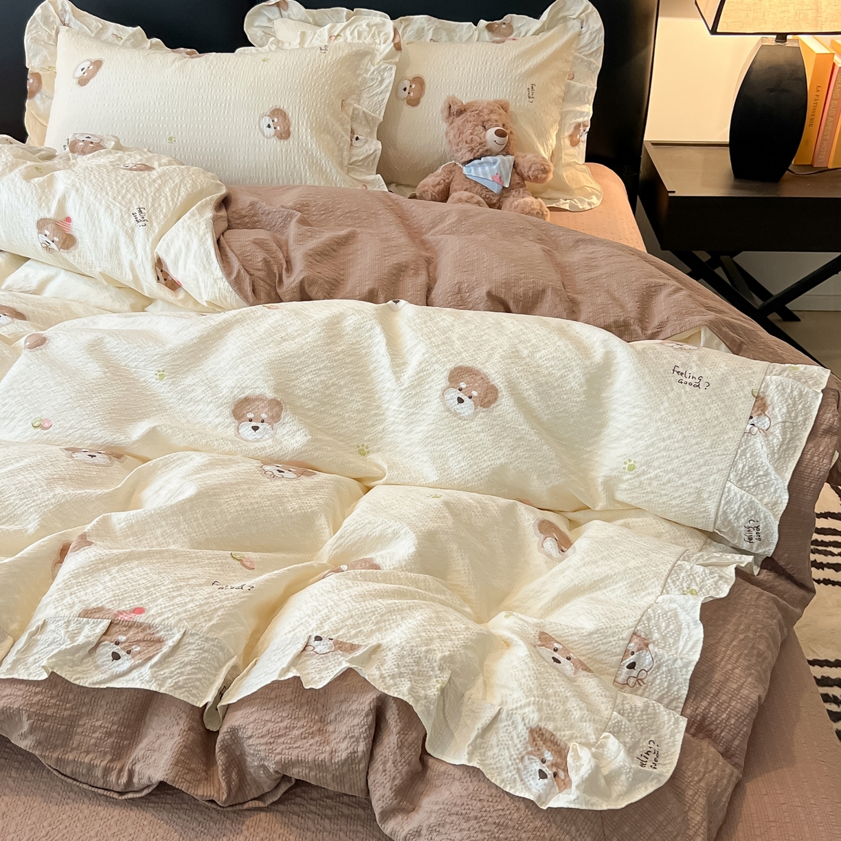 子钦家纺 2026春夏新款提花泡芙棉花边拼角工艺床单床笠四件套-卡哇伊 卡哇伊-生日狗