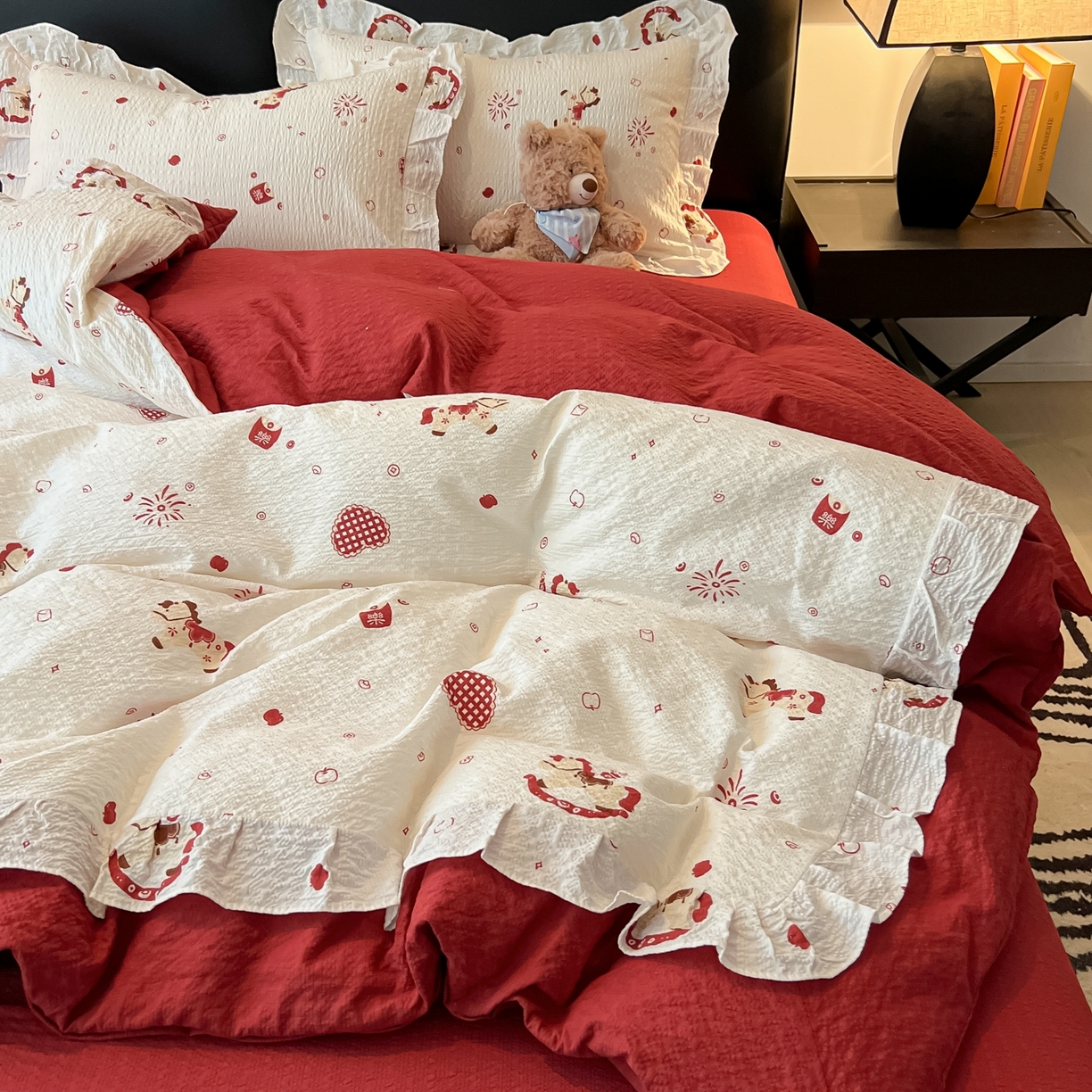 子钦家纺 2026春夏新款提花泡芙棉花边拼角工艺床单床笠四件套-卡哇伊 卡哇伊-马年大吉