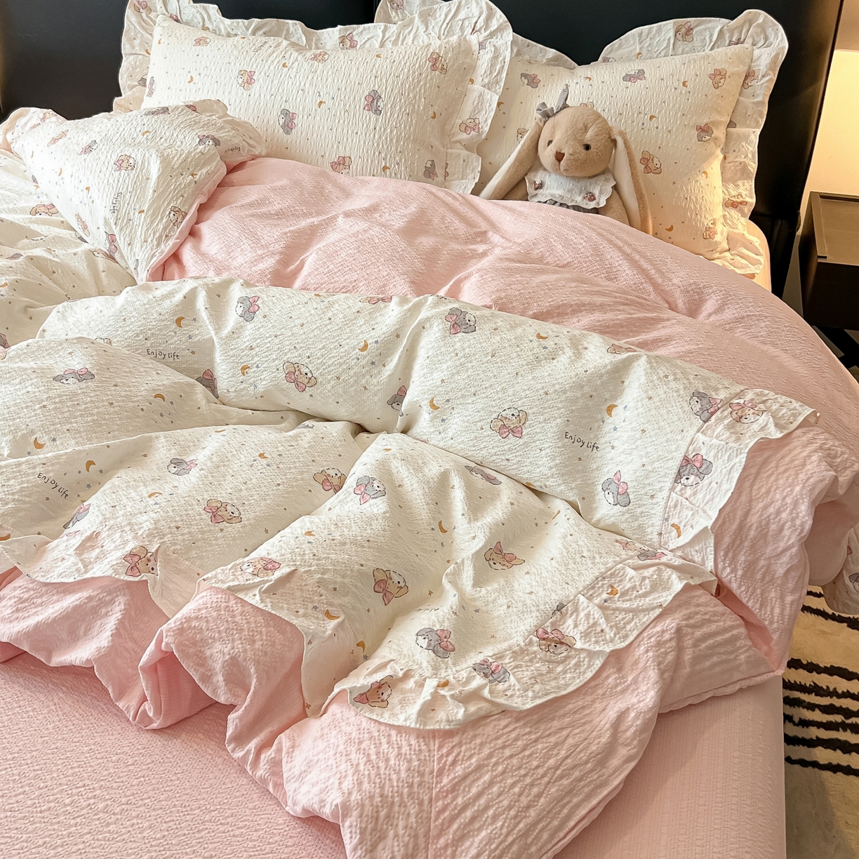 （总）子钦家纺 2026春夏新款提花泡芙棉花边拼角工艺床单床笠四件套-卡哇伊