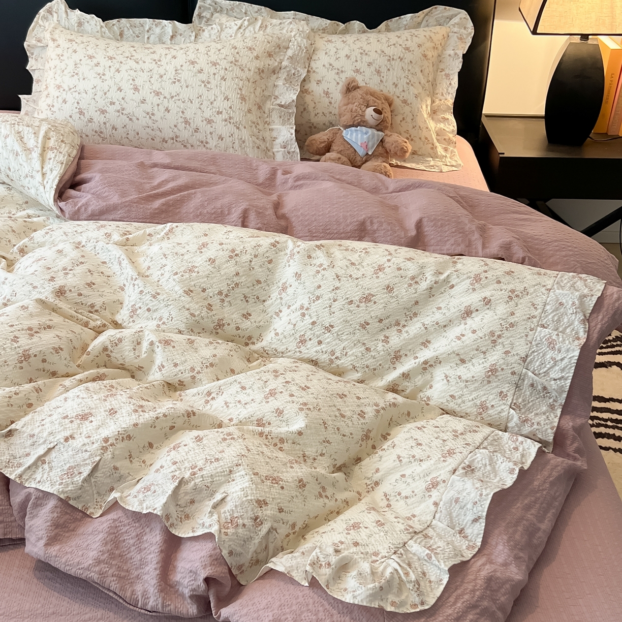 子钦家纺 2026春夏新款提花泡芙棉花边拼角工艺床单床笠四件套-卡哇伊 卡哇伊-美好时光
